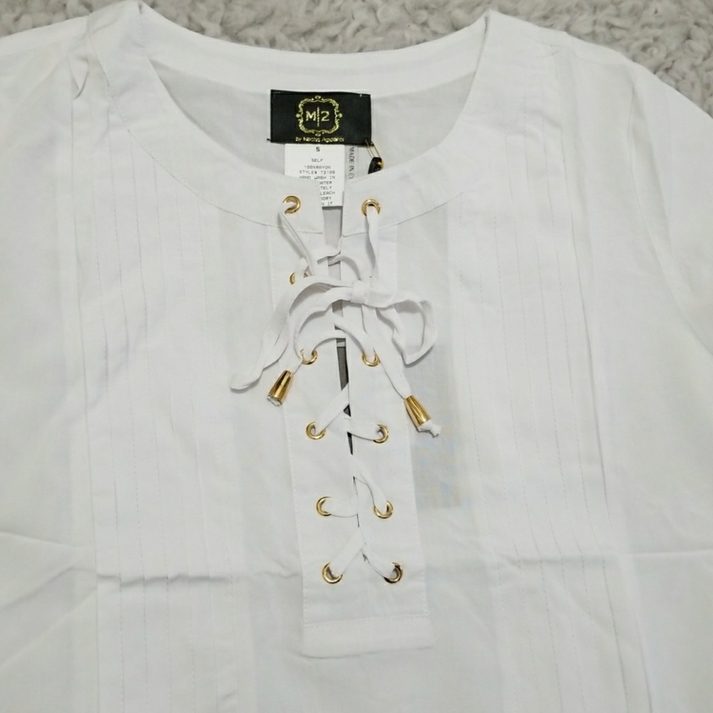 White Boho Pintuck Lace Up Crochet Trim Top - Picture 4 of 6